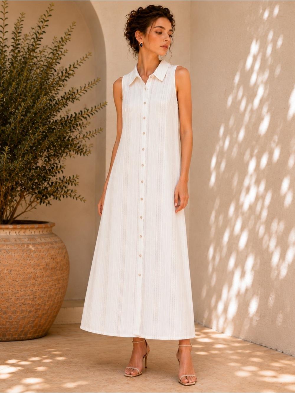 Karl Lagerfeld White Sleeveless Button-Front Maxi Dress - Picture 2 of 5